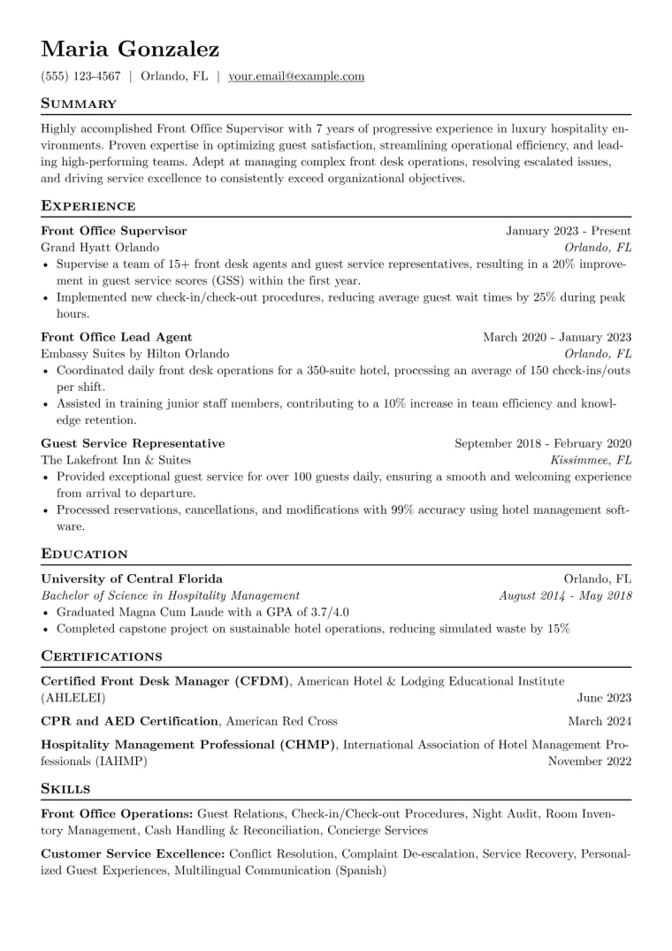 Front Office Supervisor Resume Example CV template preview