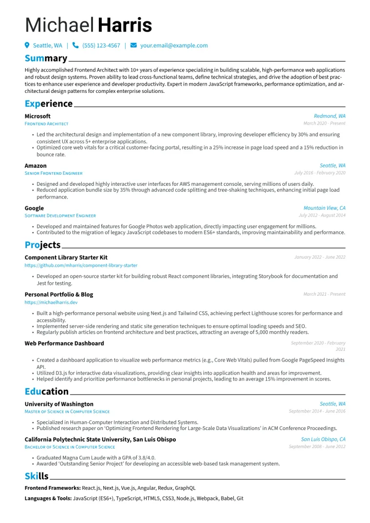 Frontend Architect Resume Example CV template preview