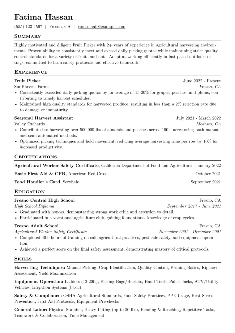 Fruit Picker Resume Example CV template preview