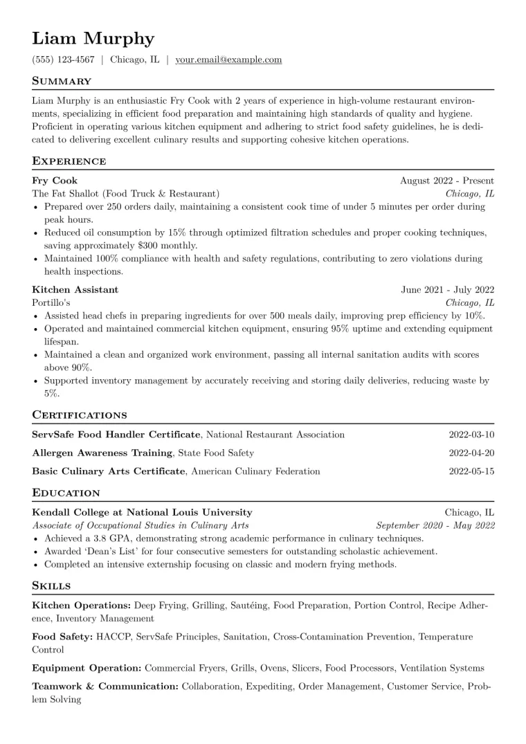 Fry Cook Resume Example CV template preview