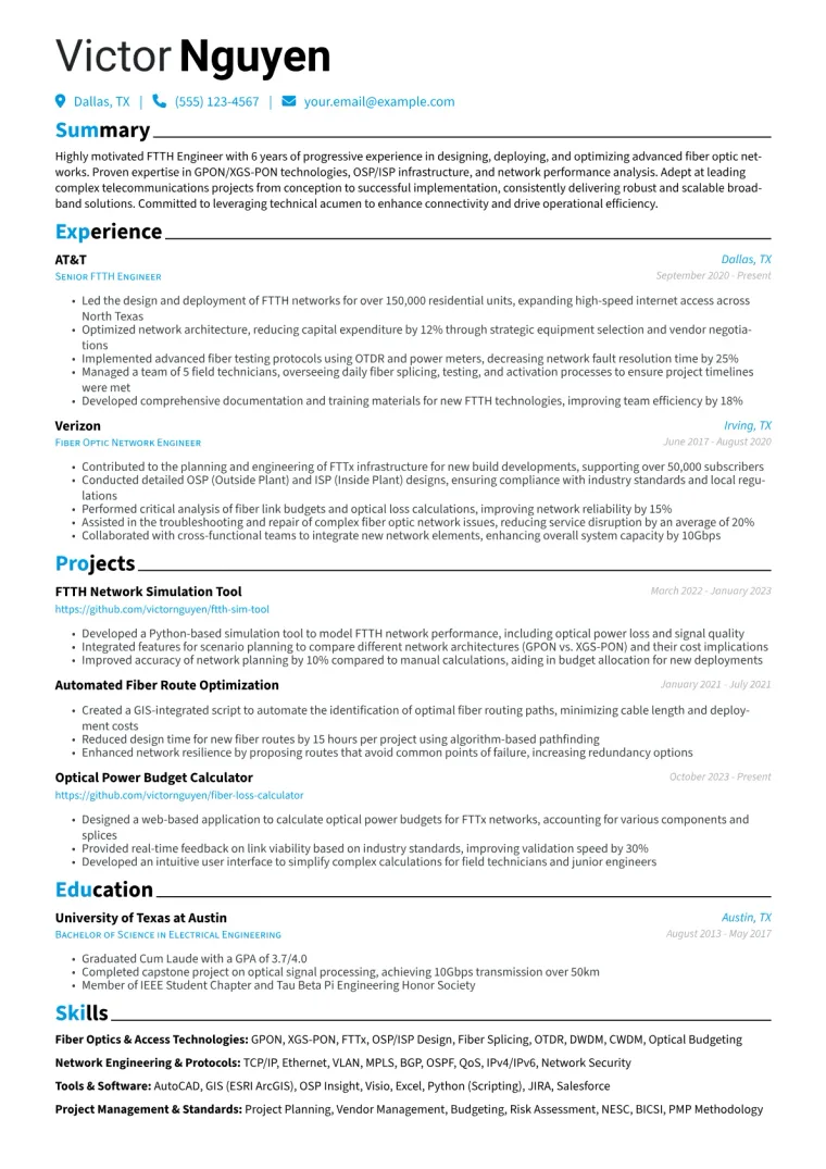 FTTH Engineer Resume Example CV template preview