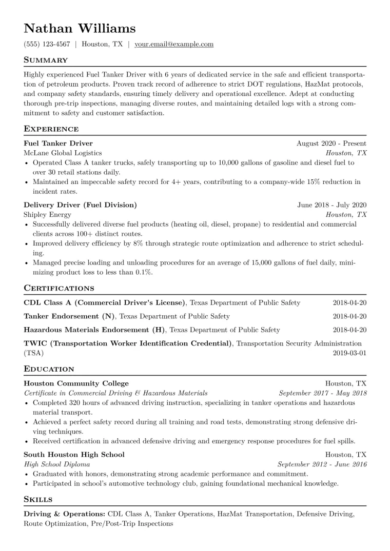 Fuel Tanker Driver Resume Example CV template preview