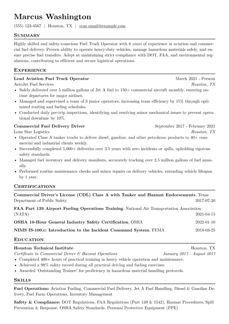 Fuel Truck Operator Resume Example CV template preview