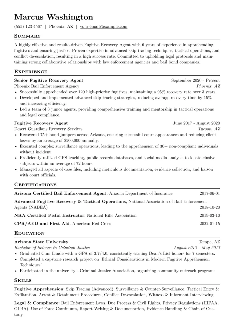 Fugitive Recovery Agent Resume Example CV template preview