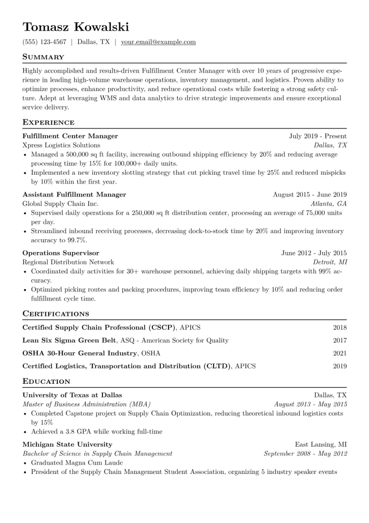 Fulfillment Center Manager Resume Example CV template preview