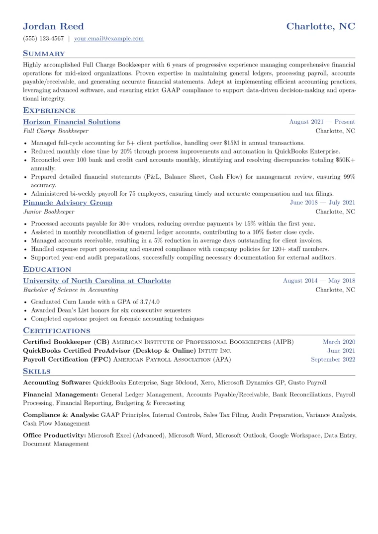 Full Charge Bookkeeper Resume Example CV template preview