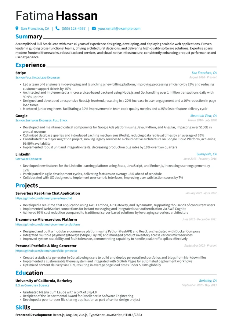 Full Stack Lead Resume Example CV template preview