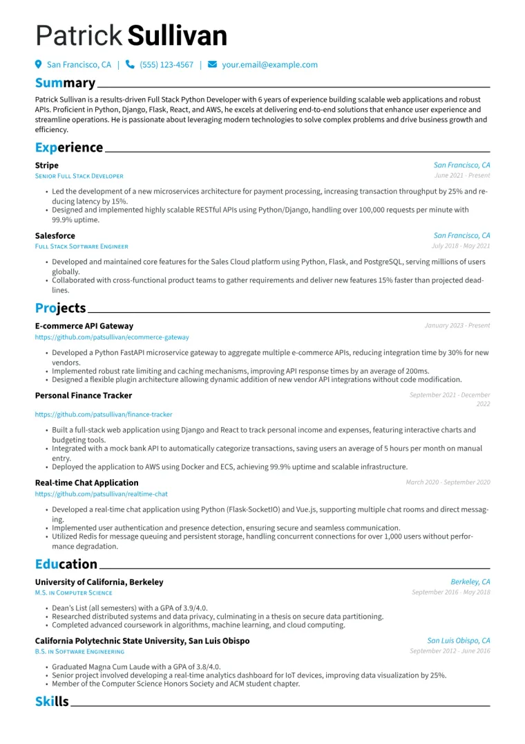 Full Stack Python Developer Resume Example CV template preview
