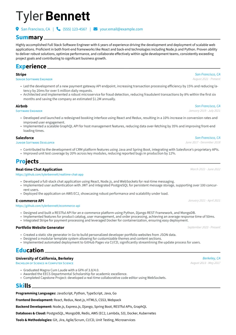 Full Stack Software Engineer Resume Example CV template preview