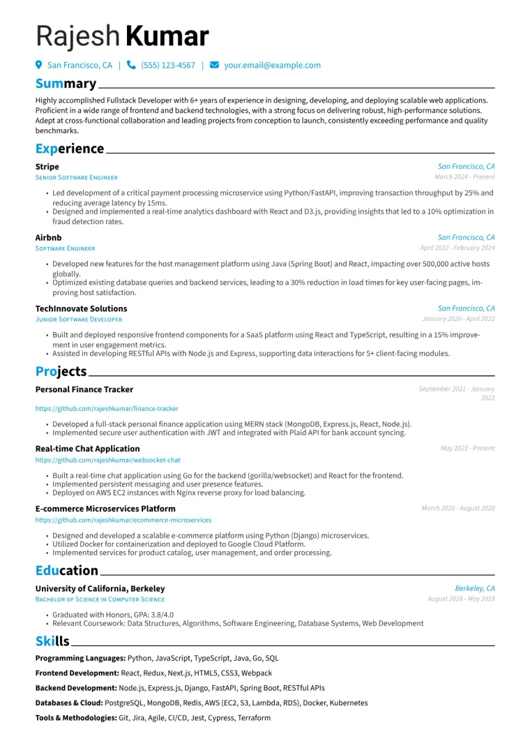 Fullstack Developer Resume Example CV template preview