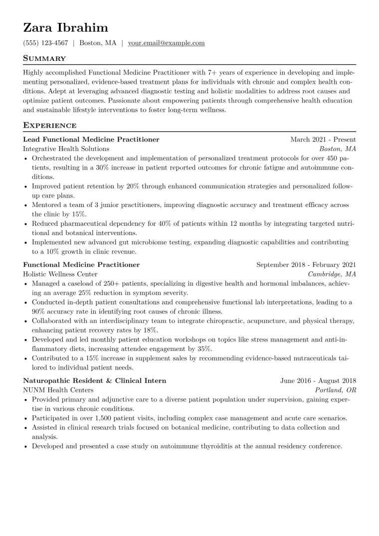 Functional Medicine Practitioner Resume Example CV template preview