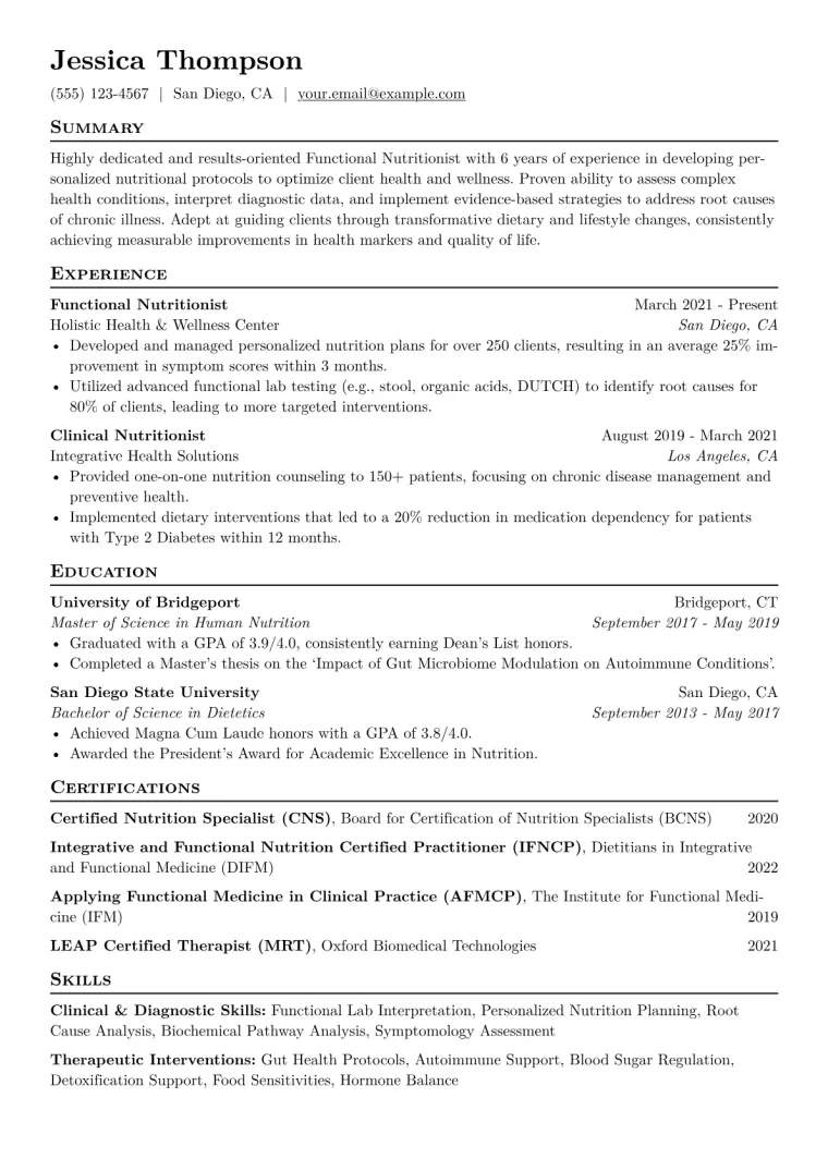 Functional Nutritionist Resume Example CV template preview