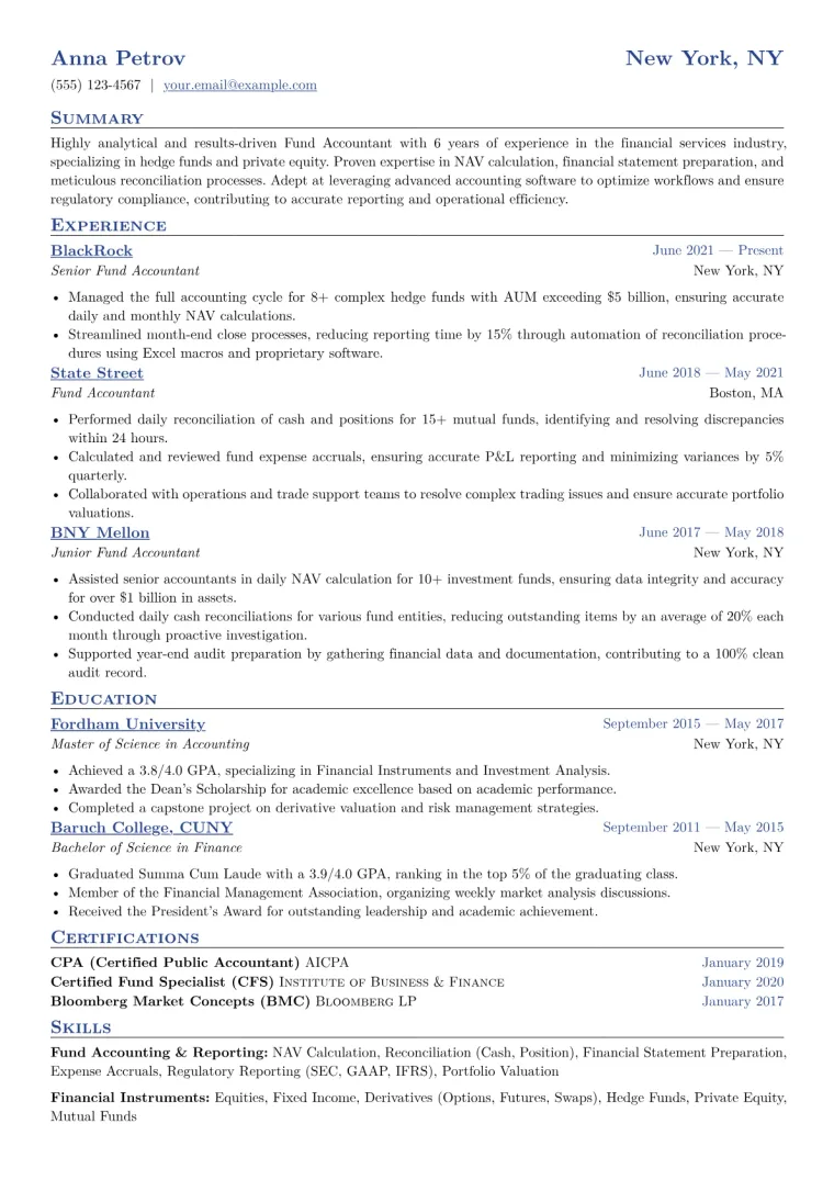 Fund Accountant Resume Example CV template preview