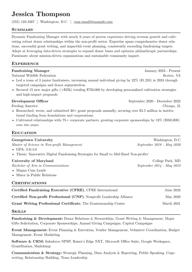 Fundraising Manager Resume Example CV template preview