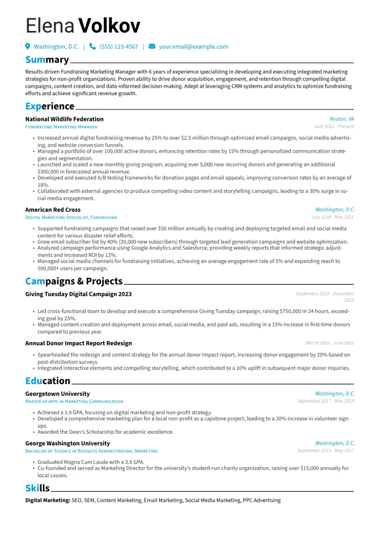 Fundraising Marketing Manager Resume Example CV template preview