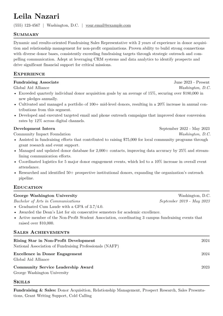 Fundraising Sales Representative Resume Example CV template preview