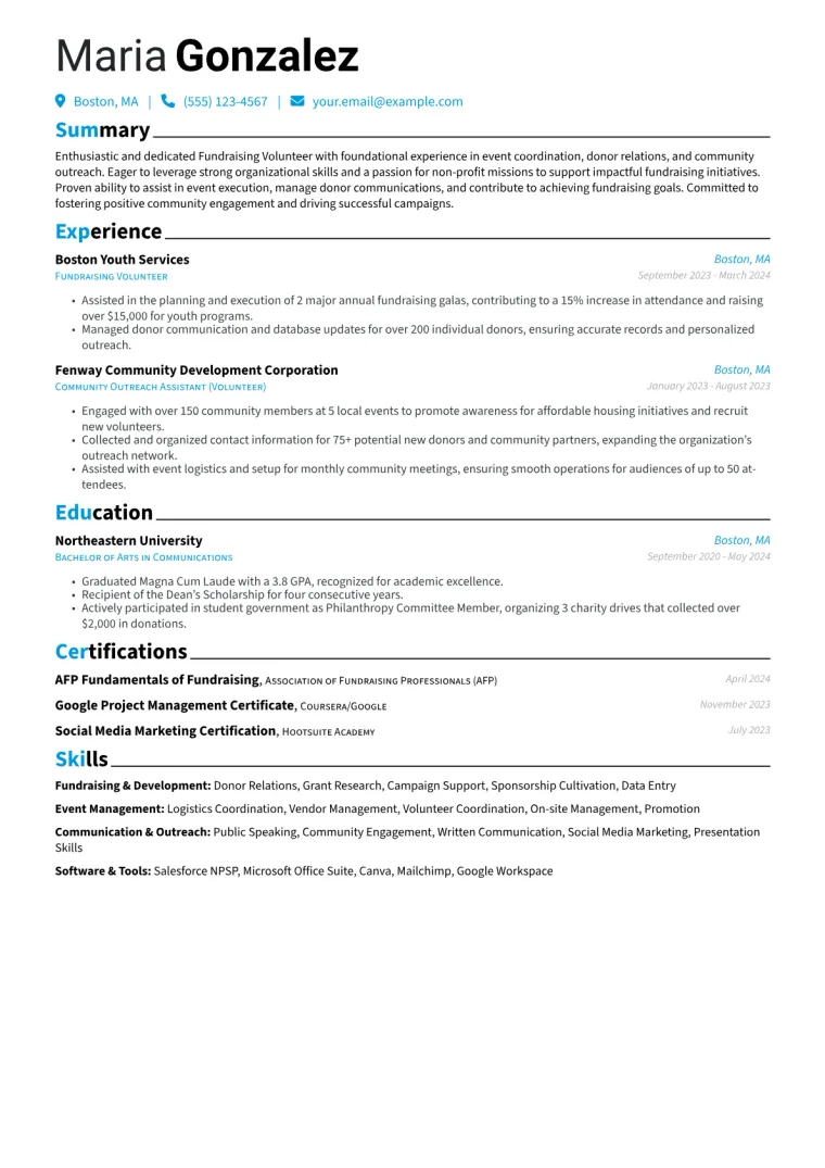 Fundraising Volunteer Resume Example CV template preview
