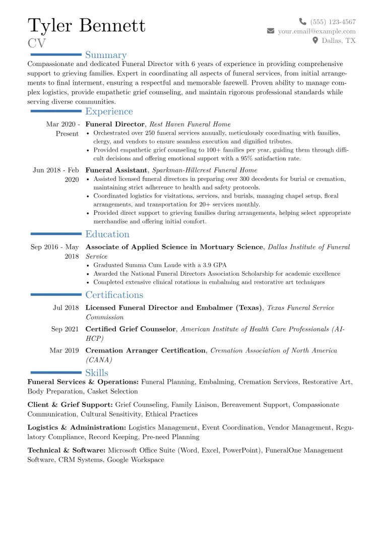 Funeral Director Resume Example CV template preview