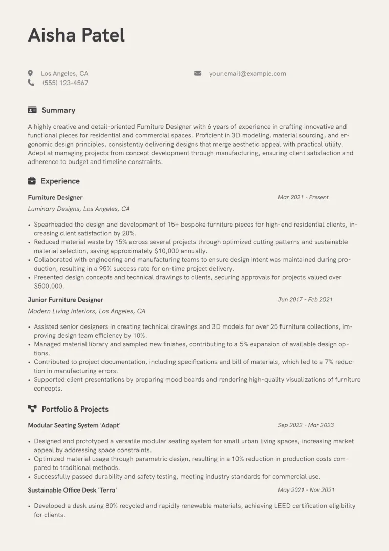 Furniture Designer Resume Example CV template preview
