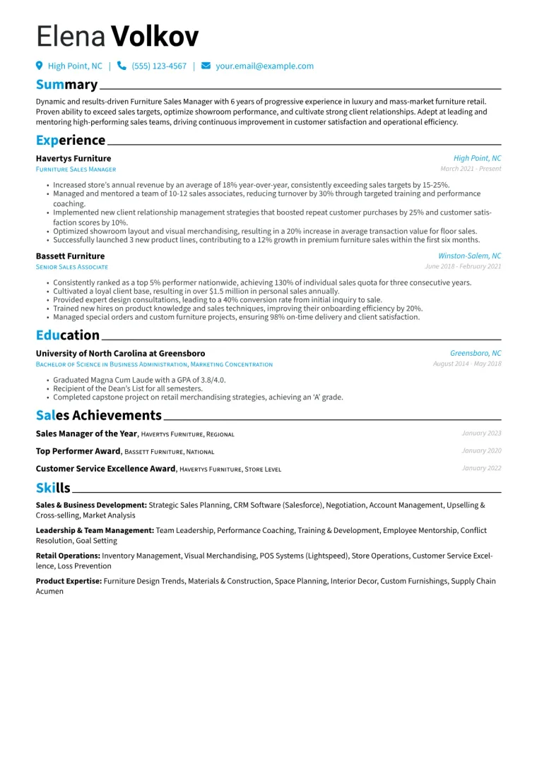 Furniture Sales Manager Resume Example CV template preview