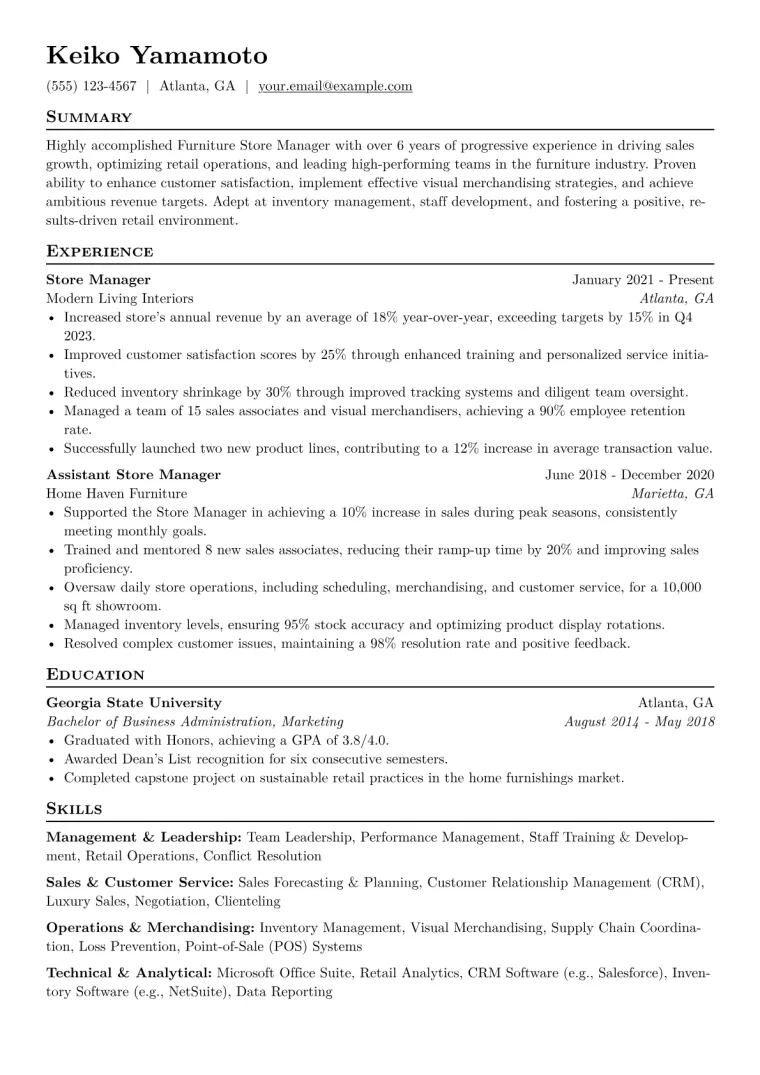Furniture Store Manager Resume Example CV template preview