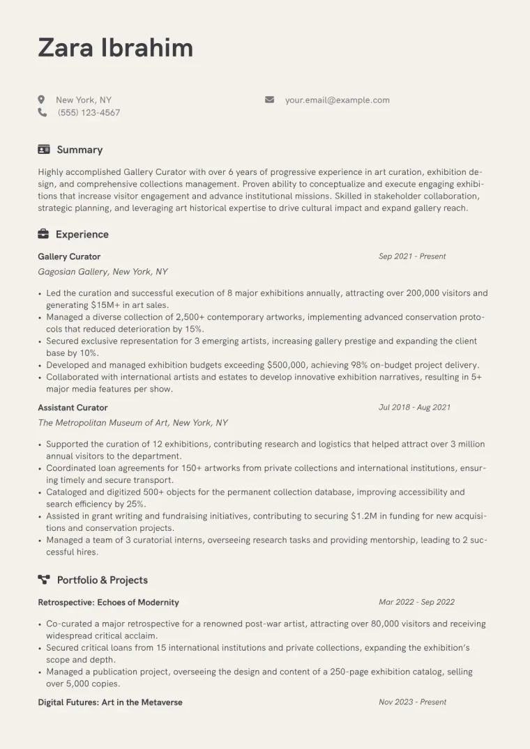 Gallery Curator Resume Example CV template preview
