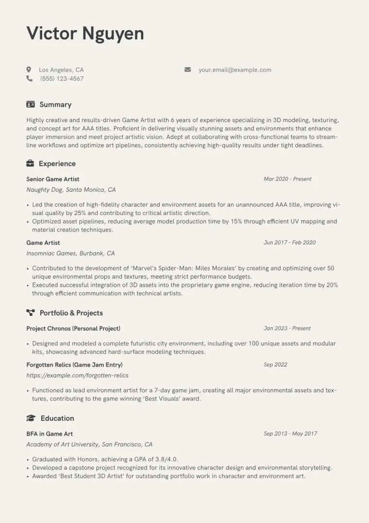 Game Artist Resume Example CV template preview