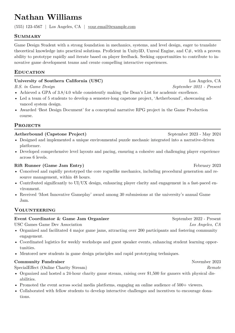 Game Design Student Resume Example CV template preview
