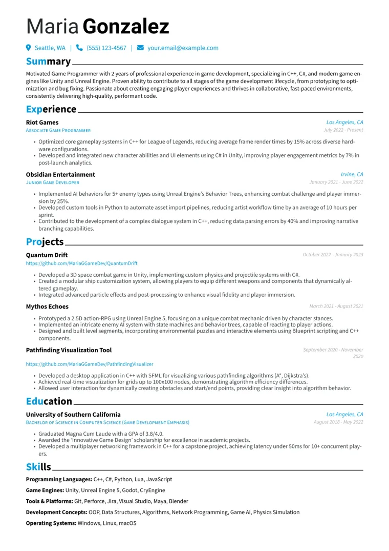 Game Programmer Resume Example CV template preview