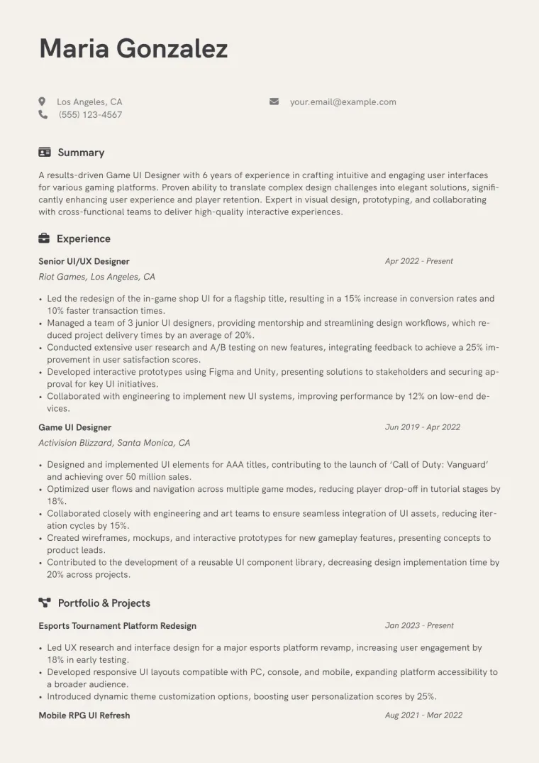 Game UI Designer Resume Example CV template preview