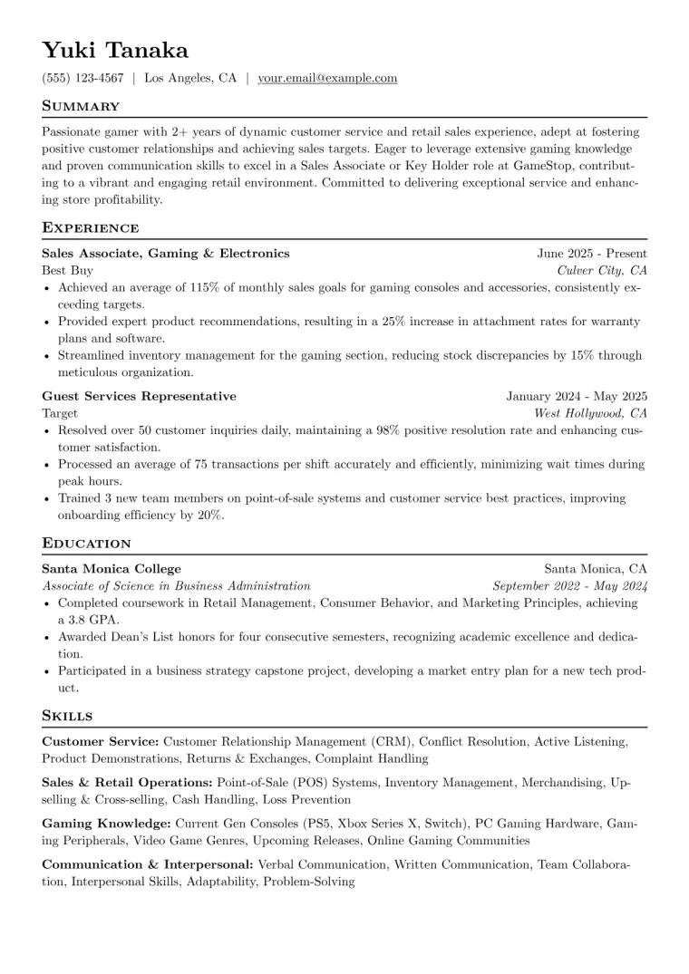 GameStop Resume Example preview