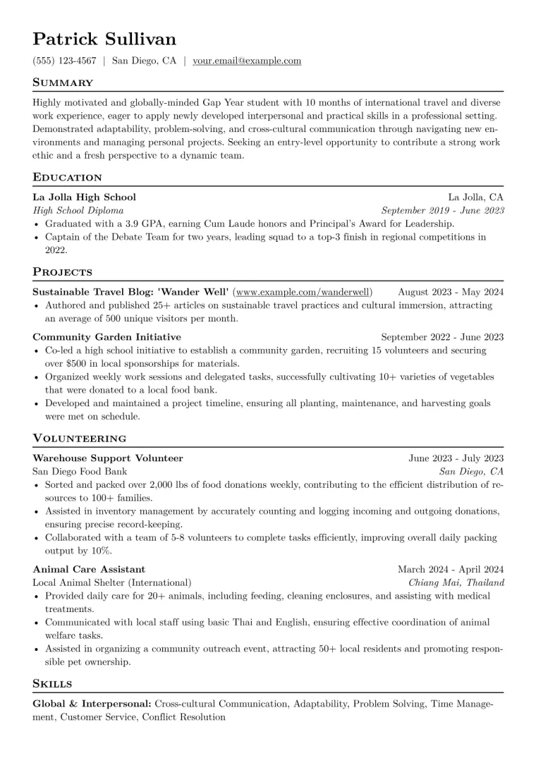 Gap Year Student Resume Example CV template preview