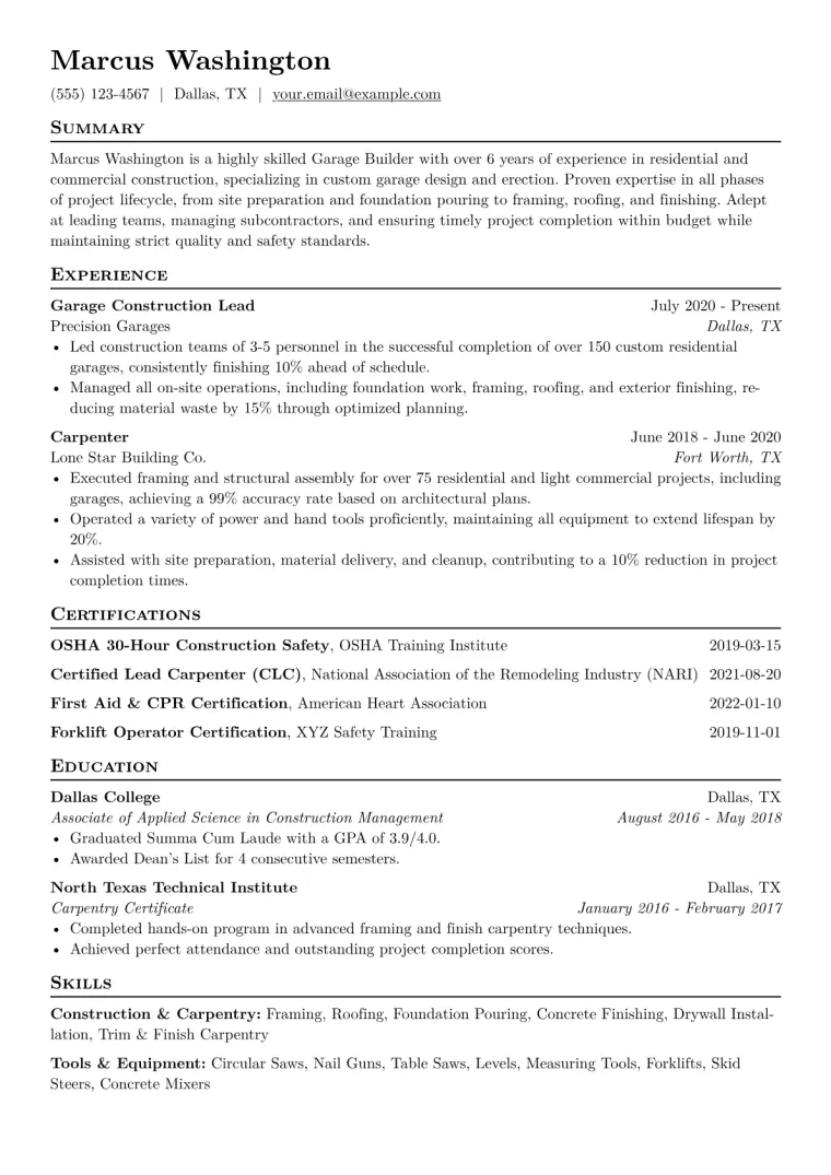 Garage Builder Resume Example CV template preview
