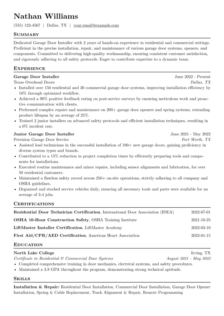 Garage Door Installer Resume Example CV template preview