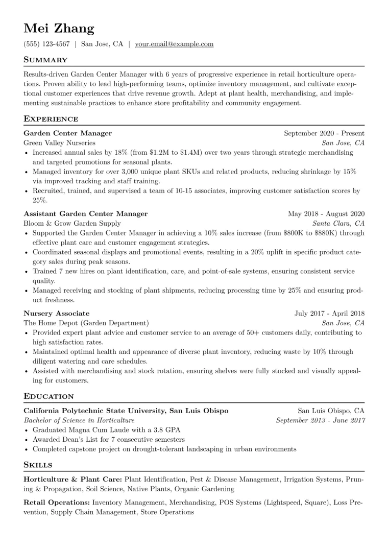Garden Center Manager Resume Example CV template preview
