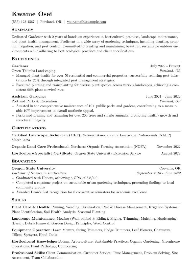Gardener Resume Example CV template preview