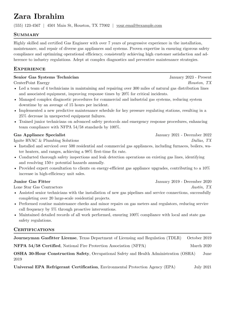 Gas Engineer Resume Example CV template preview