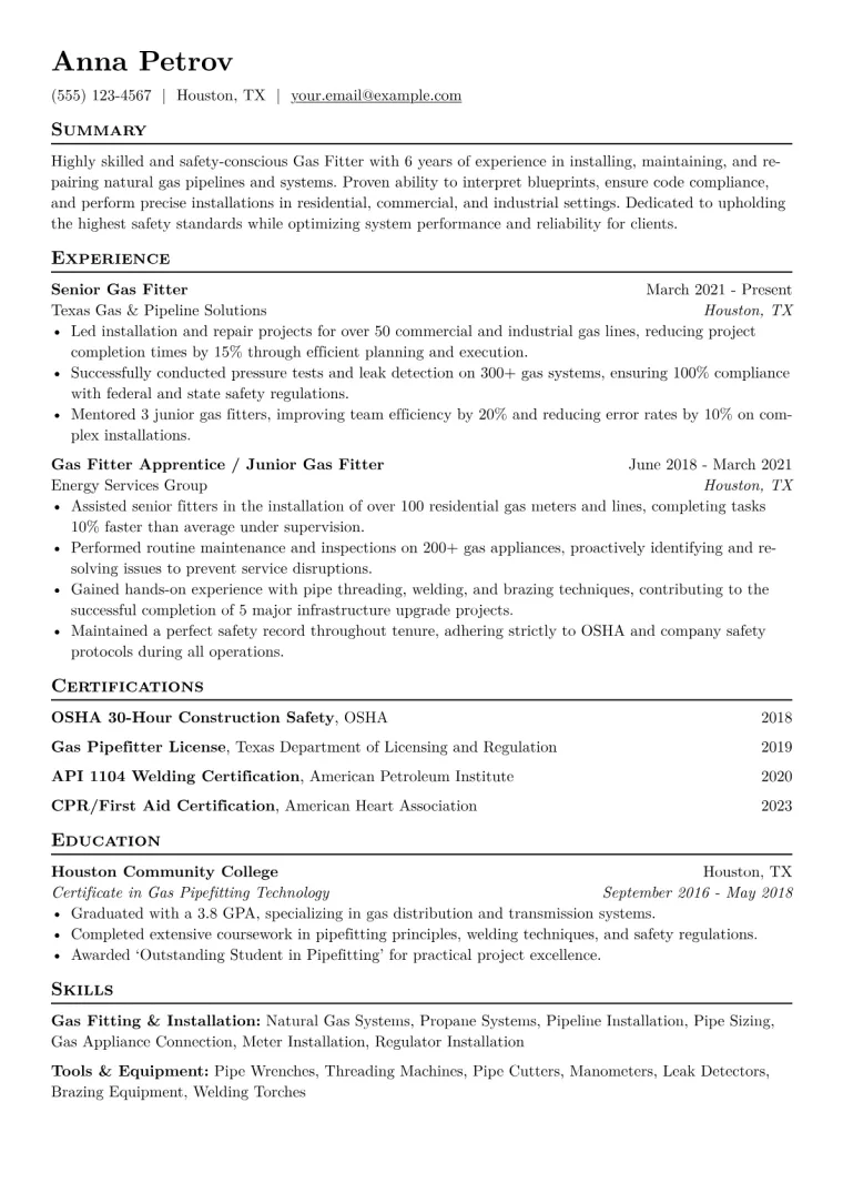 Gas Fitter Resume Example CV template preview