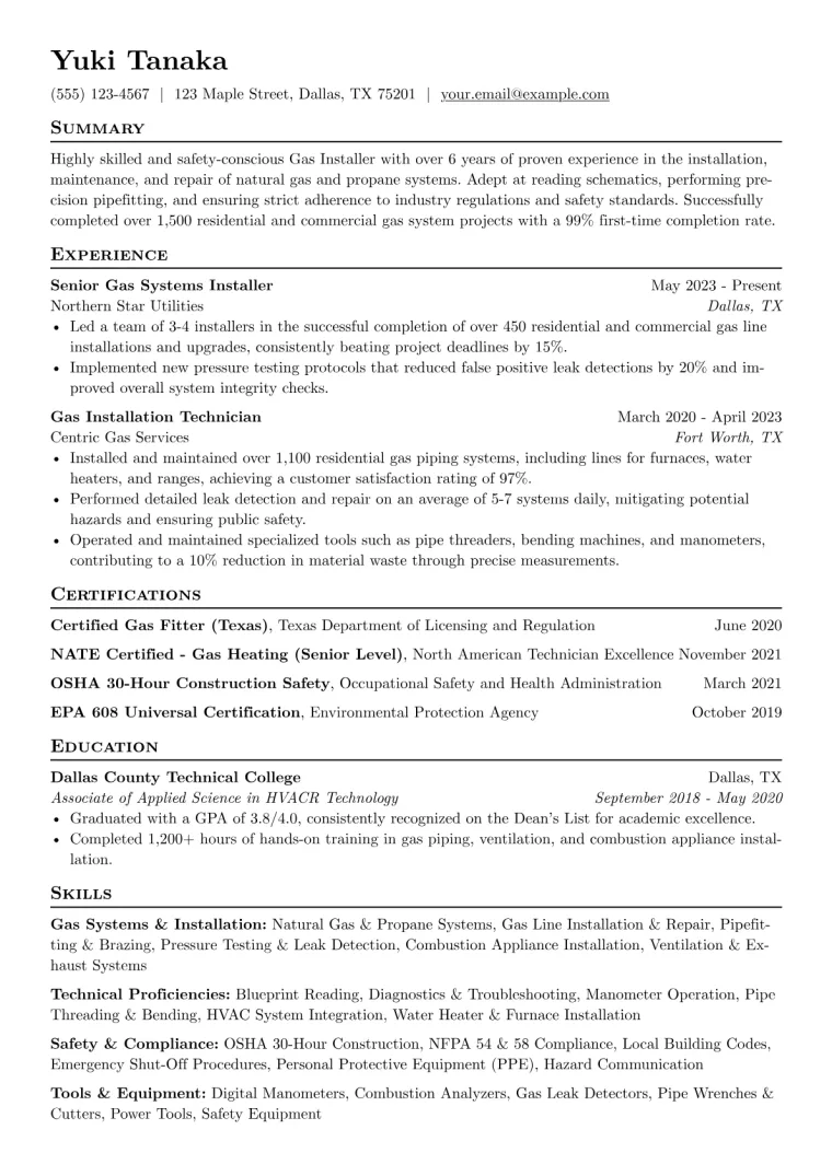 Gas Installer Resume Example CV template preview