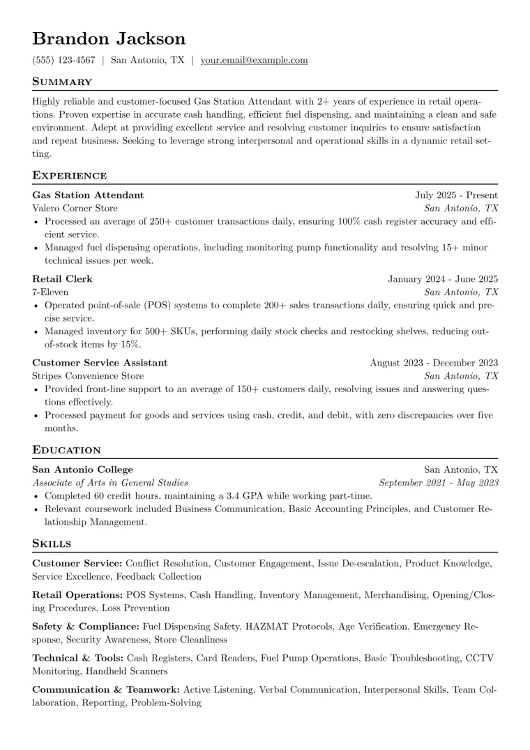 Gas Station Attendant Resume Example CV template preview