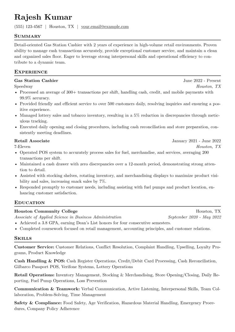Gas Station Cashier Resume Example CV template preview