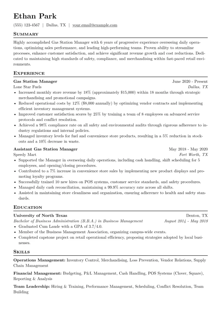 Gas Station Manager Resume Example CV template preview