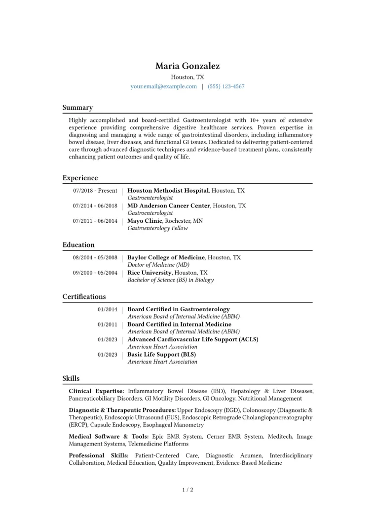 Gastroenterologist Resume Example CV template preview