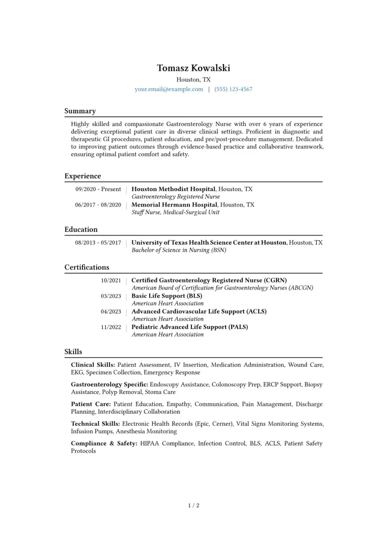 Gastroenterology Nurse Resume Example CV template preview