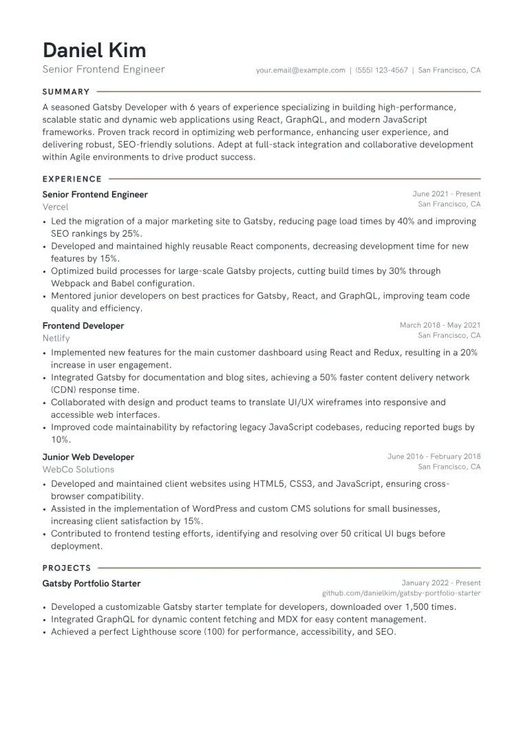 Gatsby Developer Resume Example CV template preview
