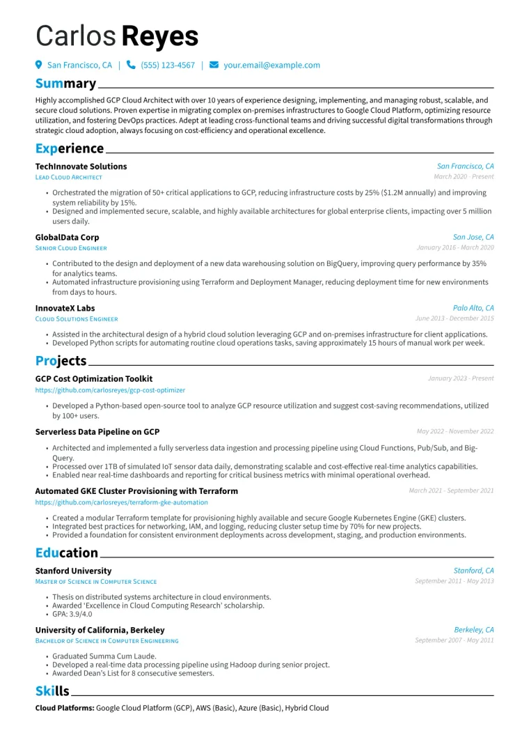 GCP Cloud Architect Resume Example CV template preview