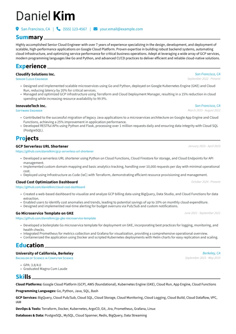 GCP Developer Resume Example CV template preview