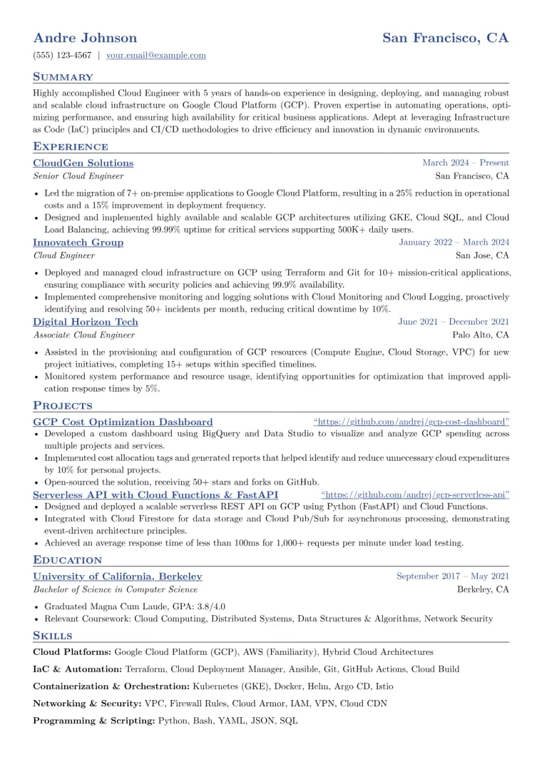 GCP Engineer Resume Example CV template preview