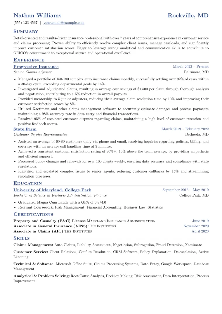GEICO Resume Example CV template preview