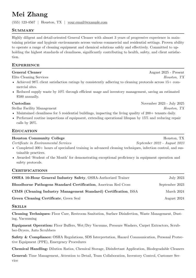 General Cleaner Resume Example CV template preview
